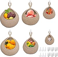 Vista 8 de 6 cestas de frutas colgantes de pared para cocina, cesta colgante bohemia con 12 ganchos fuertes, almacenamiento de cocina, verduras, frutas, papas