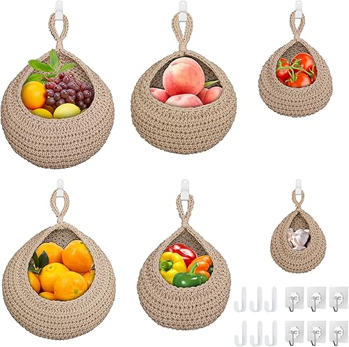 Cestas colgantes de frutas para cocina, 6 cestas colgantes bohemias de pared con 12 ganchos fuertes para almacenamiento, cestas de verduras, frutas,