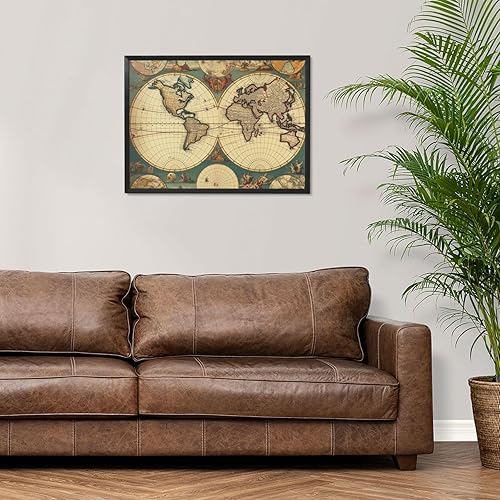 Miniatura 1 de Lienzo enmarcado negro para pared, impresiones en lienzo modernas, obras de arte de mapa del mundo, póster retro de 16 x 12 pulgadas, decoración de