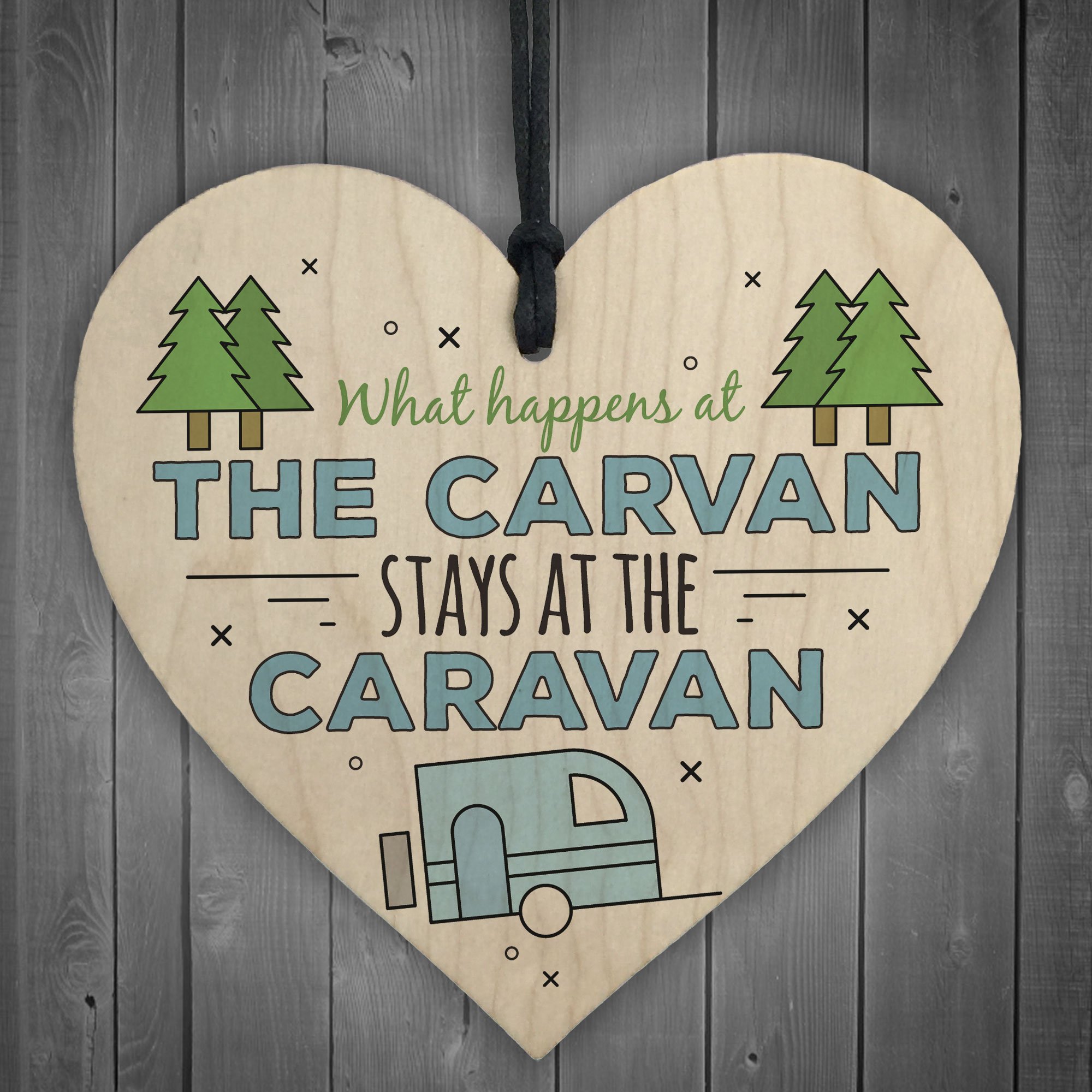 Red Ocean What Happens At The Caravan Wooden Hanging Heart Funny Novelty Chic Camping Holiday Sign Gift