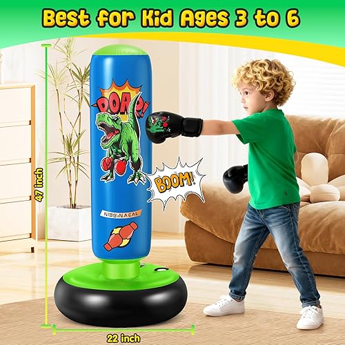 Miniatura 7 de Saco de boxeo para niños, bolsa de boxeo inflable estable de 47 pulgadas para edades de 3 a 6 años, juguete de saco de boxeo de dinosaurio y regalos