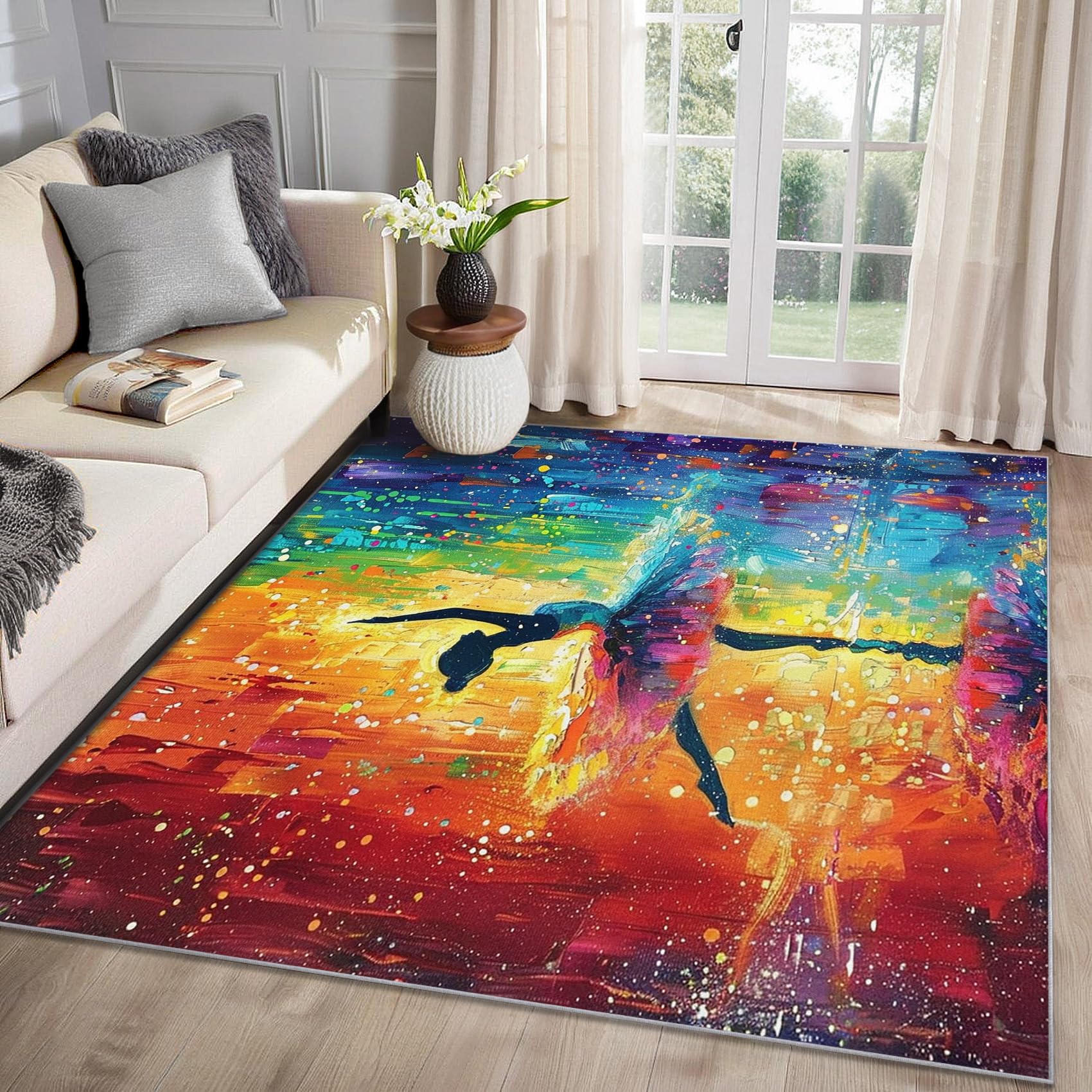 MMYAOKEN Ballet Rug - Ballerina Rug Large 200 x 290, Girls Dancer Colorful Patterned Area Rugs for Living Room Bedroom, Machine Washable Non Slip Soft Carpet, Ballet Home Decor & Gifts
