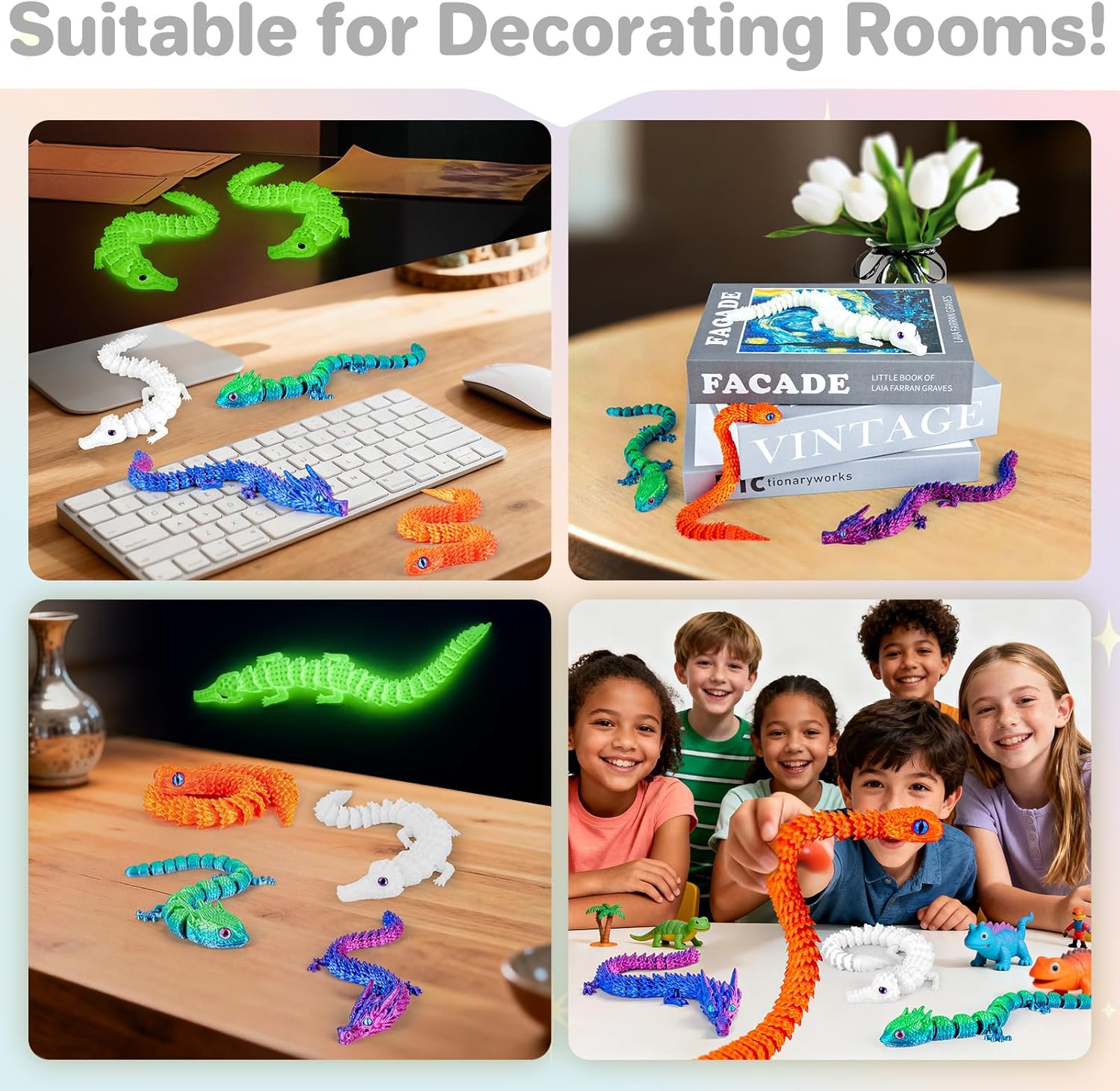 3D Printed Animals 3D Printed Toys Articulated Large 3D Printed Animal Figurines Fidget Toys with Snake, Dragon, Crocodile & Gecko, Perfect for Home Décor & Gift, 4Pack - Image 5