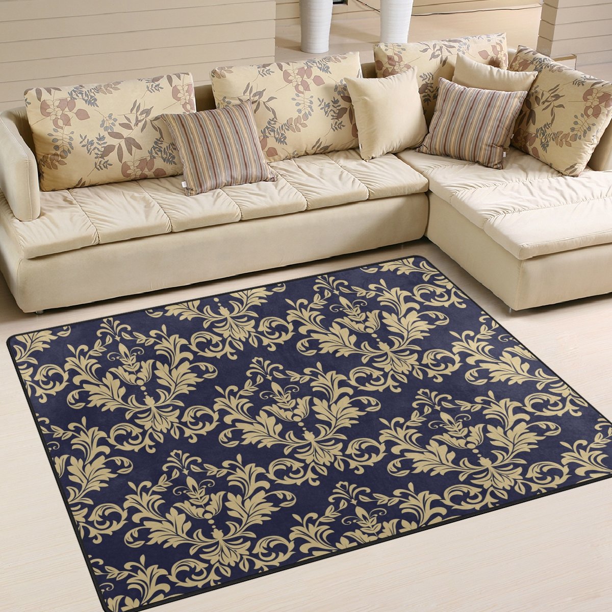 Use7 Vinatge Gold Damask Flower Area Rug for Living Room Bedroom 160cm x 122cm(5.3 x 4 feet)