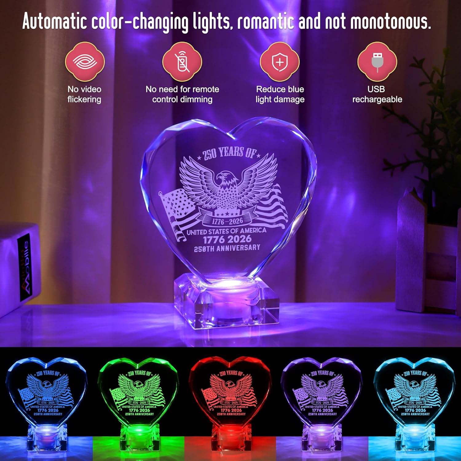 250th Anniversary 1776-2026 Heart Crystal LED Lamp, Engraved Crystal Night Light with Auto Color Changing, USB Powered Desk Decor Lamp for Men Women Veterans History Lovers