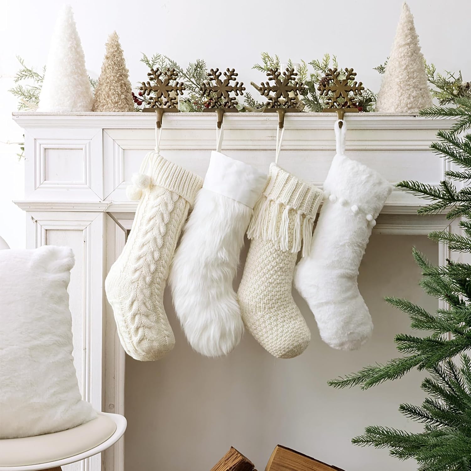 Personalized Christmas Stockings: 4 Pcs 18 Inch White Farmhouse Plush Faux Fur & Cable Knitted Fireplace Xmas Stockings, Rustic Personalized Stocking Hanging Gifts Decorations for Family Holiday Decor