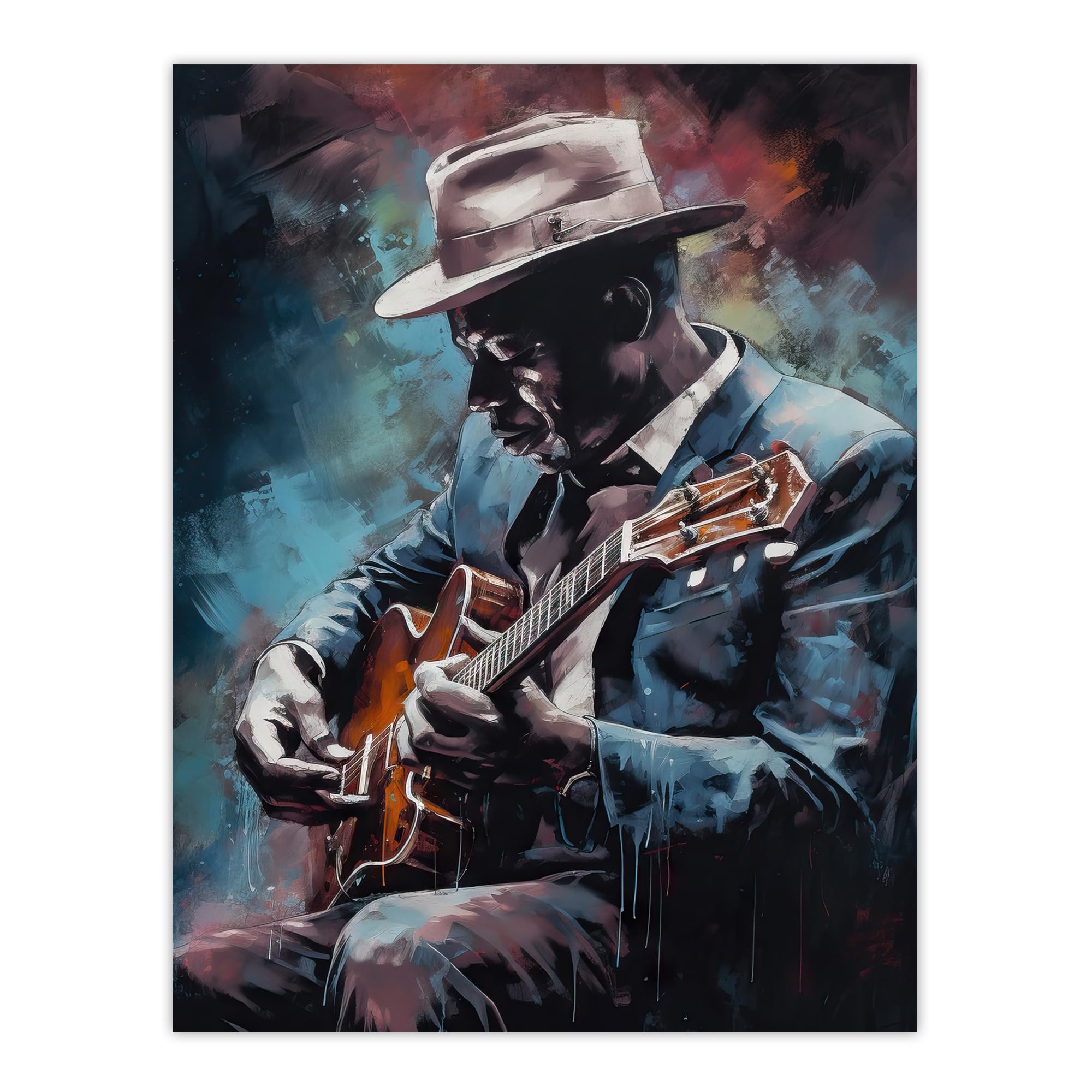 Artery8 Ragtime Blues Watercolour Artwork Musician Playing Acoustic Guitar Portrait Painting Extra Large XL Wall Art Poster Print