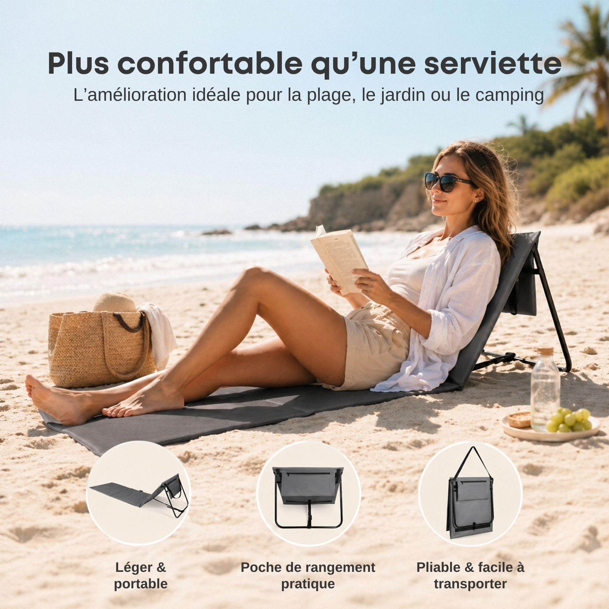 Intimo Living Ensemble de 2 chaises de Plage avec Dossier réglable à l'infini - Les Tapis de Plage remplis de Mousse de Confort sont Ultra-légers et Peu encombrants, repliables - Gris