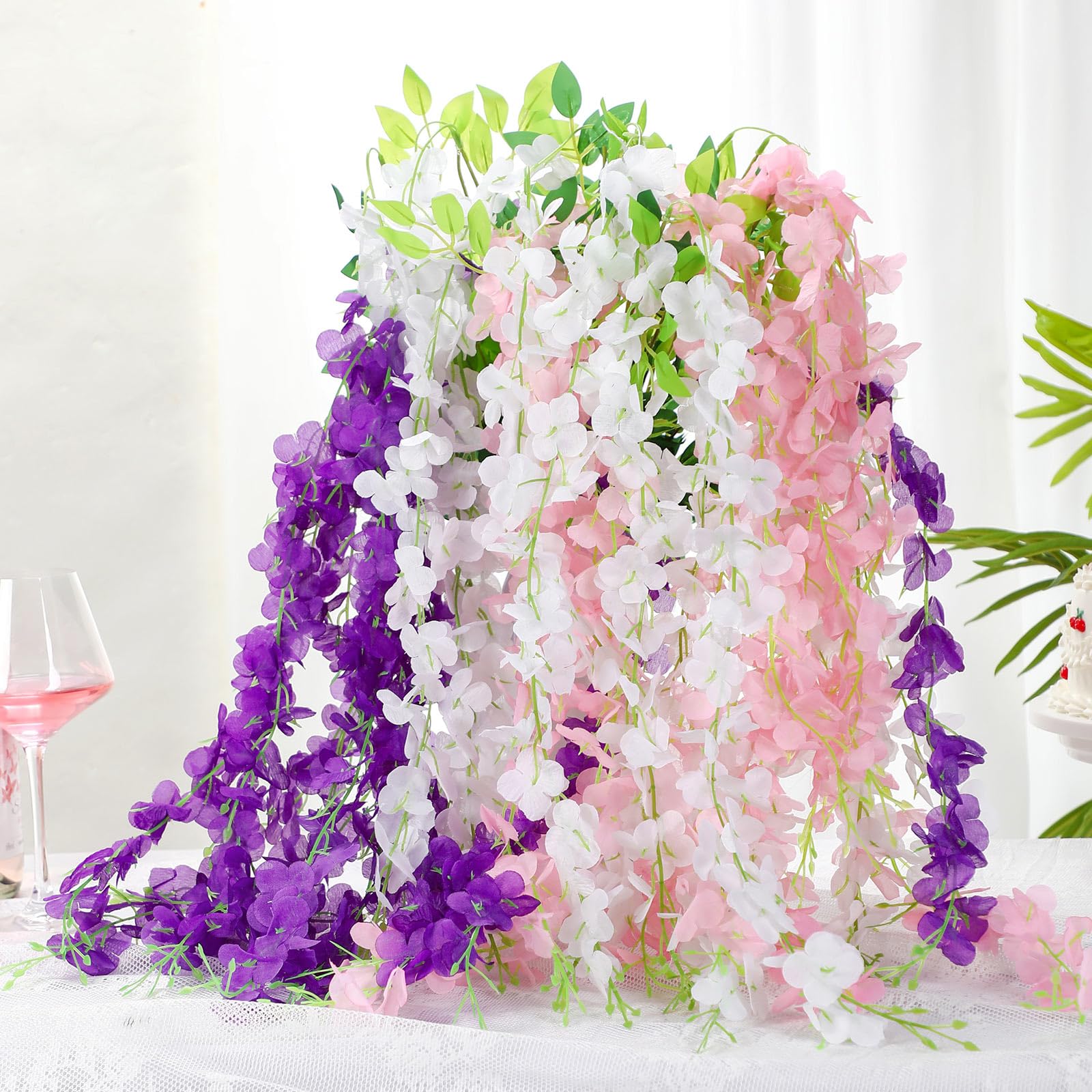 Thiccywoov Lot de 24 glycines artificielles à suspendre - 1 m - Guirlande de glycines artificielles pour toile de fond, décoration de mariage, fête à la maison (rose, blanc, violet)
