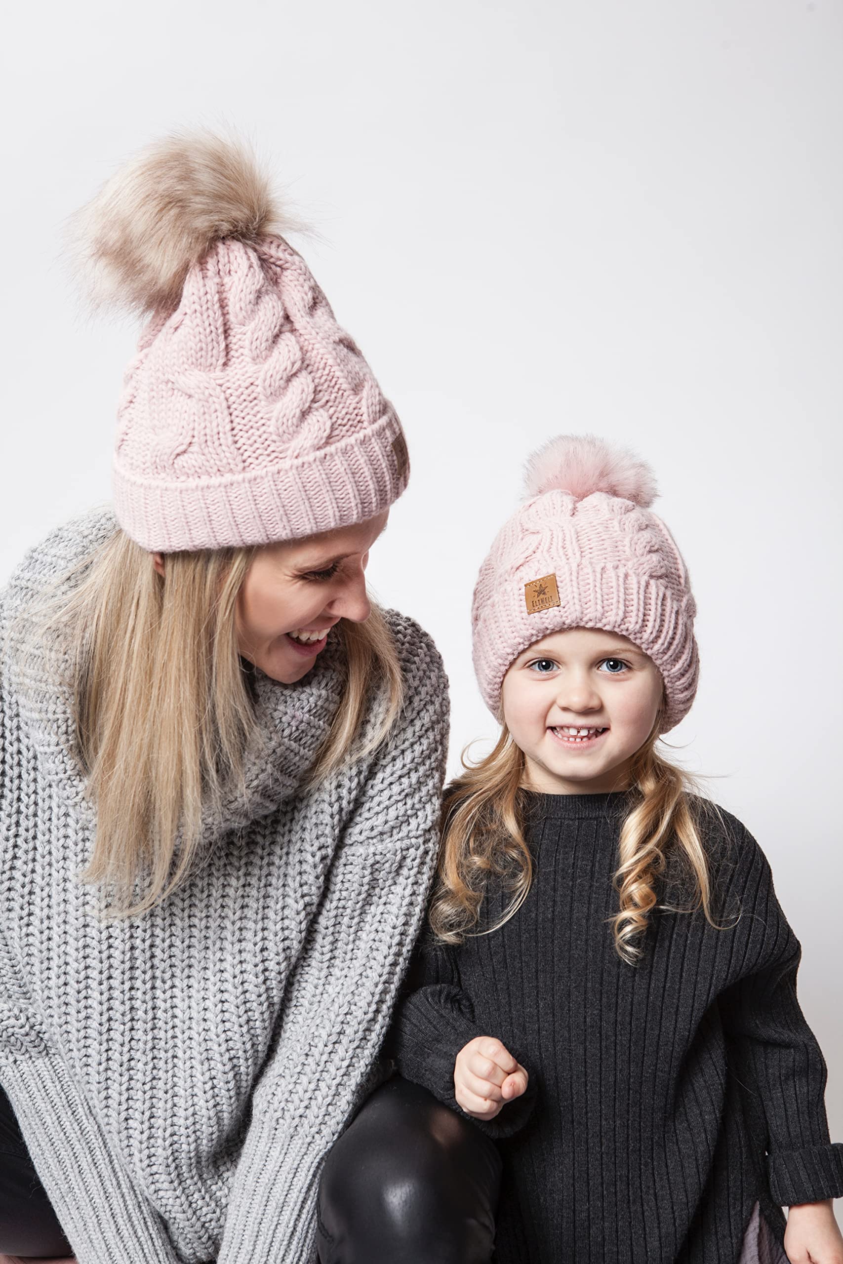 ELIMELI Eltern-Kind Mütze Mädchen Warme Wintermütze für Mutter und Tochter Mütze Damen Winter mit Kunstfell Bommel Slouch Strick Beanie Damen Bommelmütze Kinder Mama und Baby Cap Set 1