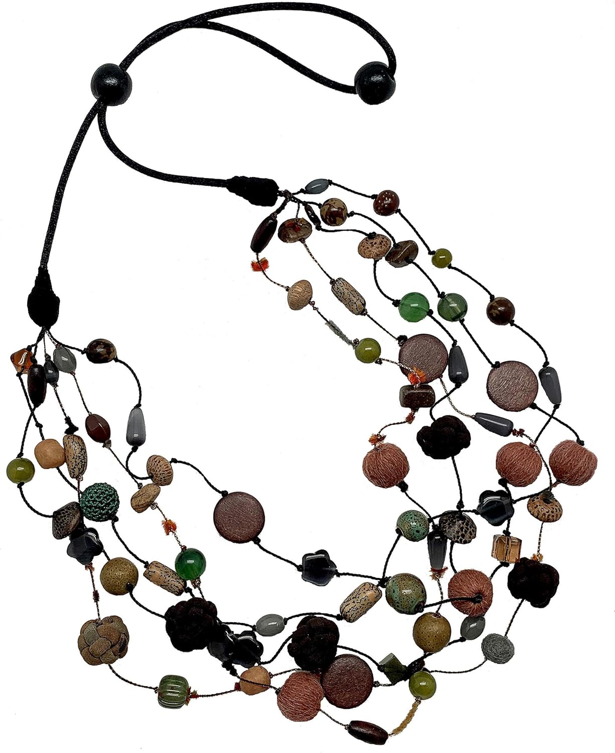 Women’s Handmade Earth Tone Adjustable 5 Strand Yarn Necklace with Non-Precious Bead Accents