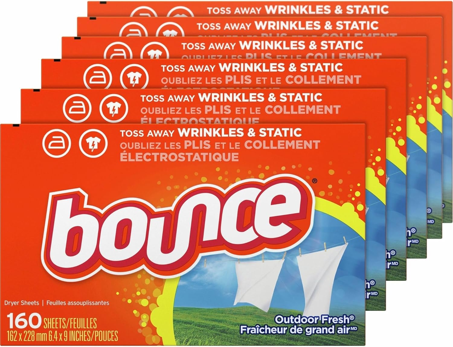 Bounce Dryer Sheets, Outdoor Fresh Scent, Orange, 160 Sheets Per Box, Carton Of 6 Boxes