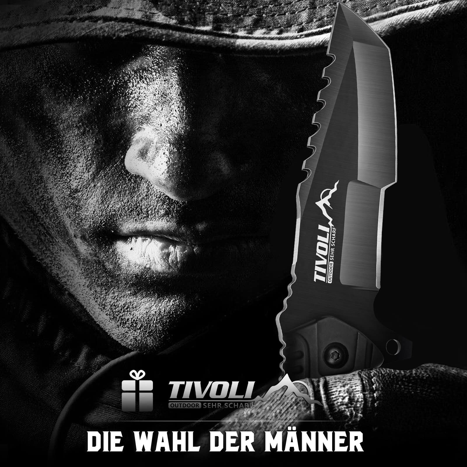 TIVOLI Coltello da Caccia con Fodera Kydex, Coltello di Sopravvivenza e Bushcraft in Acciaio Inossidabile, Lunghezza Lama 9,5 cm, per Attività Outdoor, Campeggio e Sopravvivenza