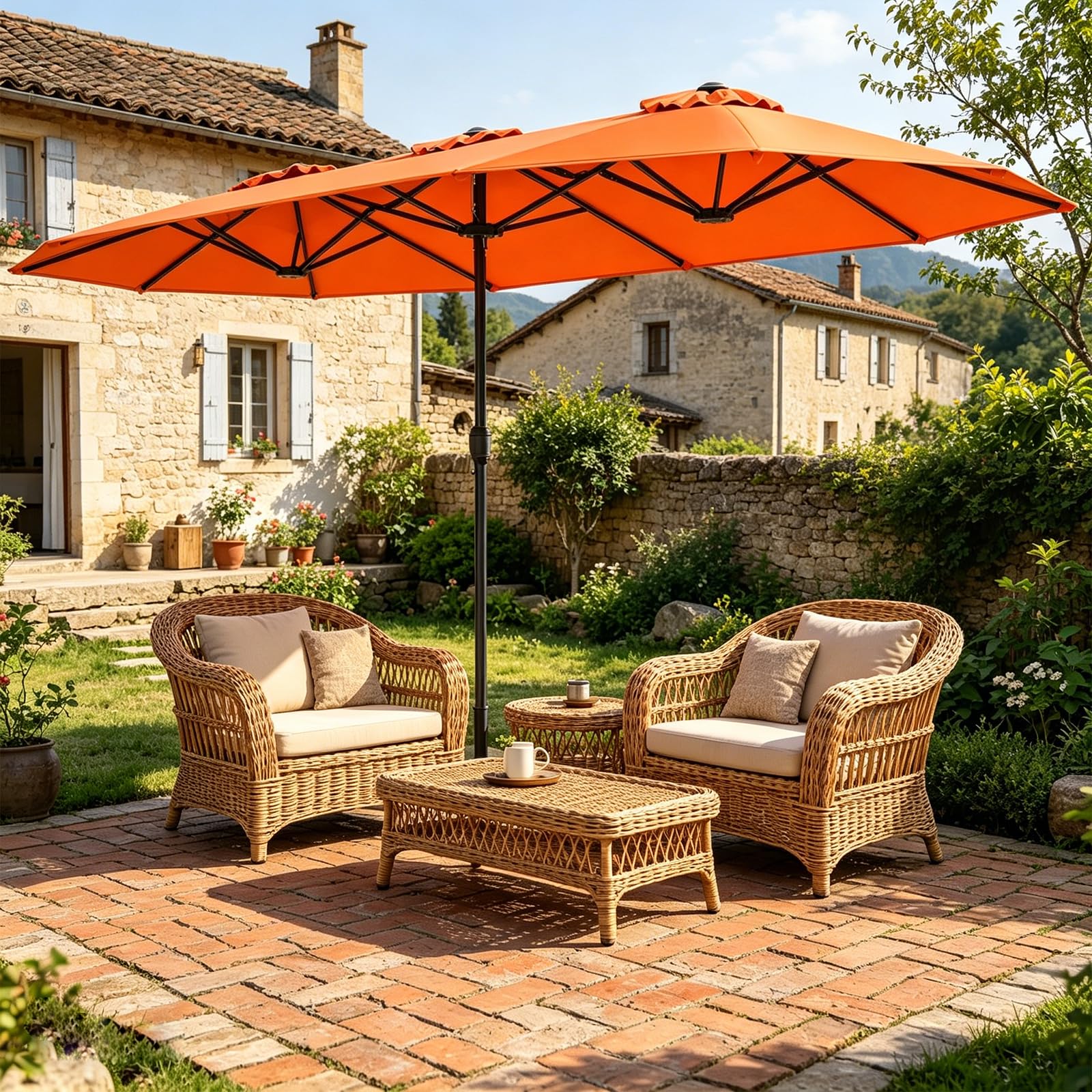 RELAX4LIFE Grand Parasol de Jardin Exterieur avec Pied, 4x2M Parasol Double pour Terrasse/Piscine/Marché, 12 Baleines Renforcées, Manivelle, Protection Solaire pour 6-8 Personnes (Orange)