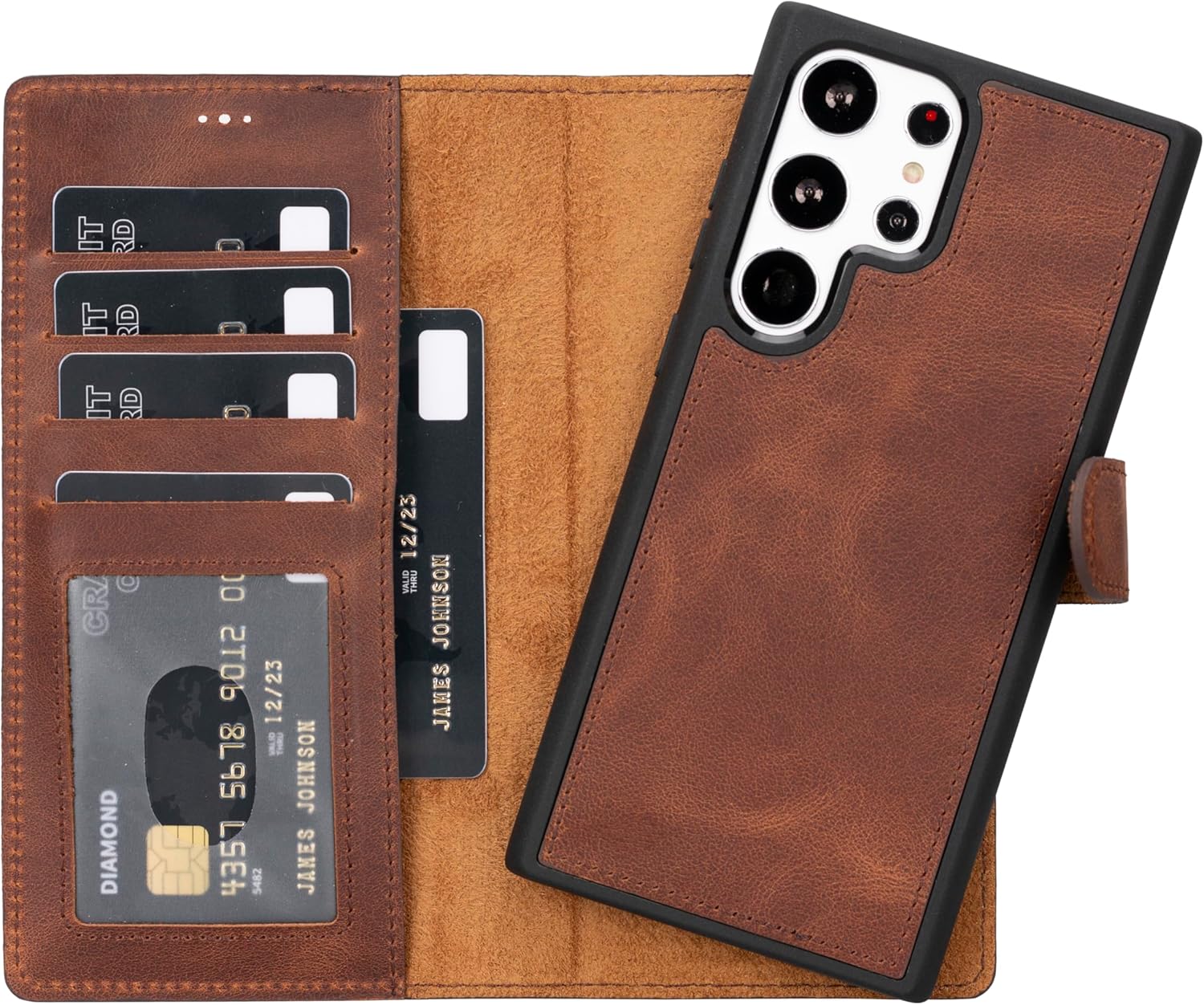 HARDISTON Premium Leather Wallet Case Compatible with Galaxy S23 Ultra - Handmade - Detachable Magnetic Flip Cover with Card Holder & Kickstand - Full Edge Protection (Brown)