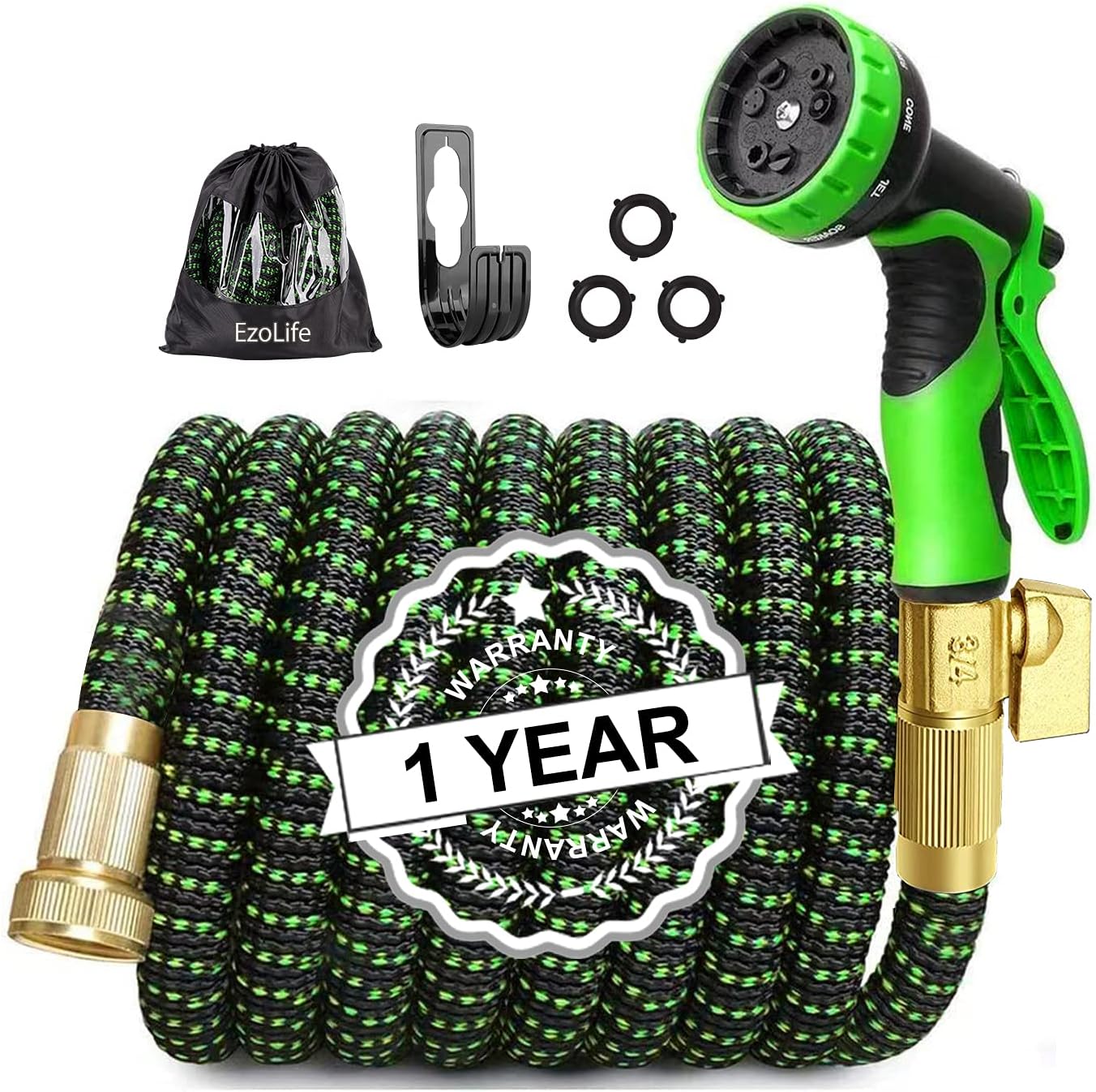 EzoLife 50FT Expandable Garden Hose with 9 Function Spray Nozzle, Extra Strength 3750D Durable Fabric and Double Latex Core Fittings ,Lightweight Water Hose with 3/4" Solid Brass