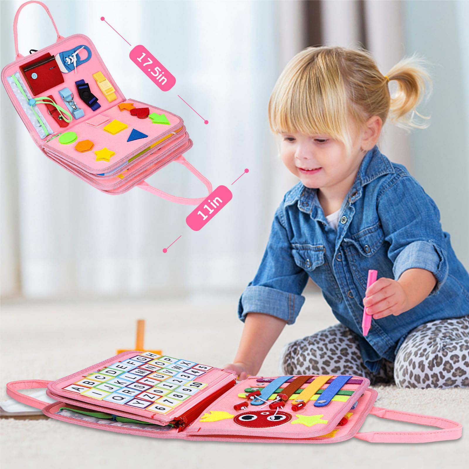 Esjay Busy Board for Toddlers, Montessori Toys for 1 2 3 4 Year Old, Travel Toys Gifts for Girls, Sensory Board Buckles, Educational Learning Activities Fine Motor Skills Toys for Airplane Car 3