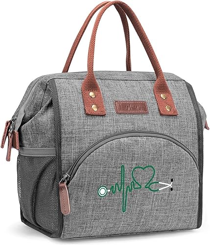 LOKASS Bolsa de almuerzo para enfermera, con patrones bordados, bolsa de enfermera para el trabajo, regalo para enfermera, lonchera aislada de