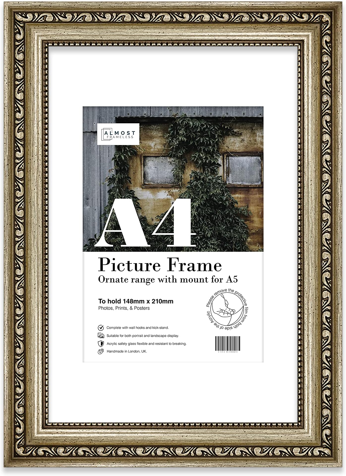 Almost FramelessA4 Champaign Ornate Picture Frame With White Mount for A5 (14.8 x 21cm - 5.8 x 8.3in) Poster, Photo, Artwork, or Print. Baroque Style Portrait and Landscape Display with Wall Hooks