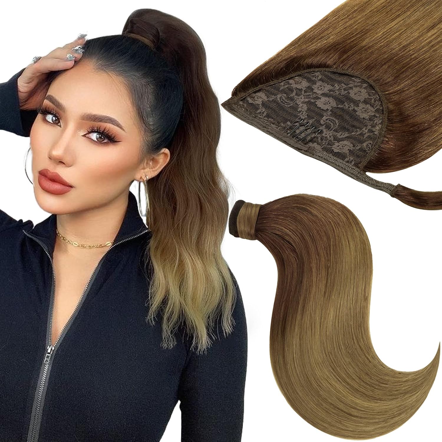 Long Ponytail Extension Human Hair Balayage Ponytail Hair
