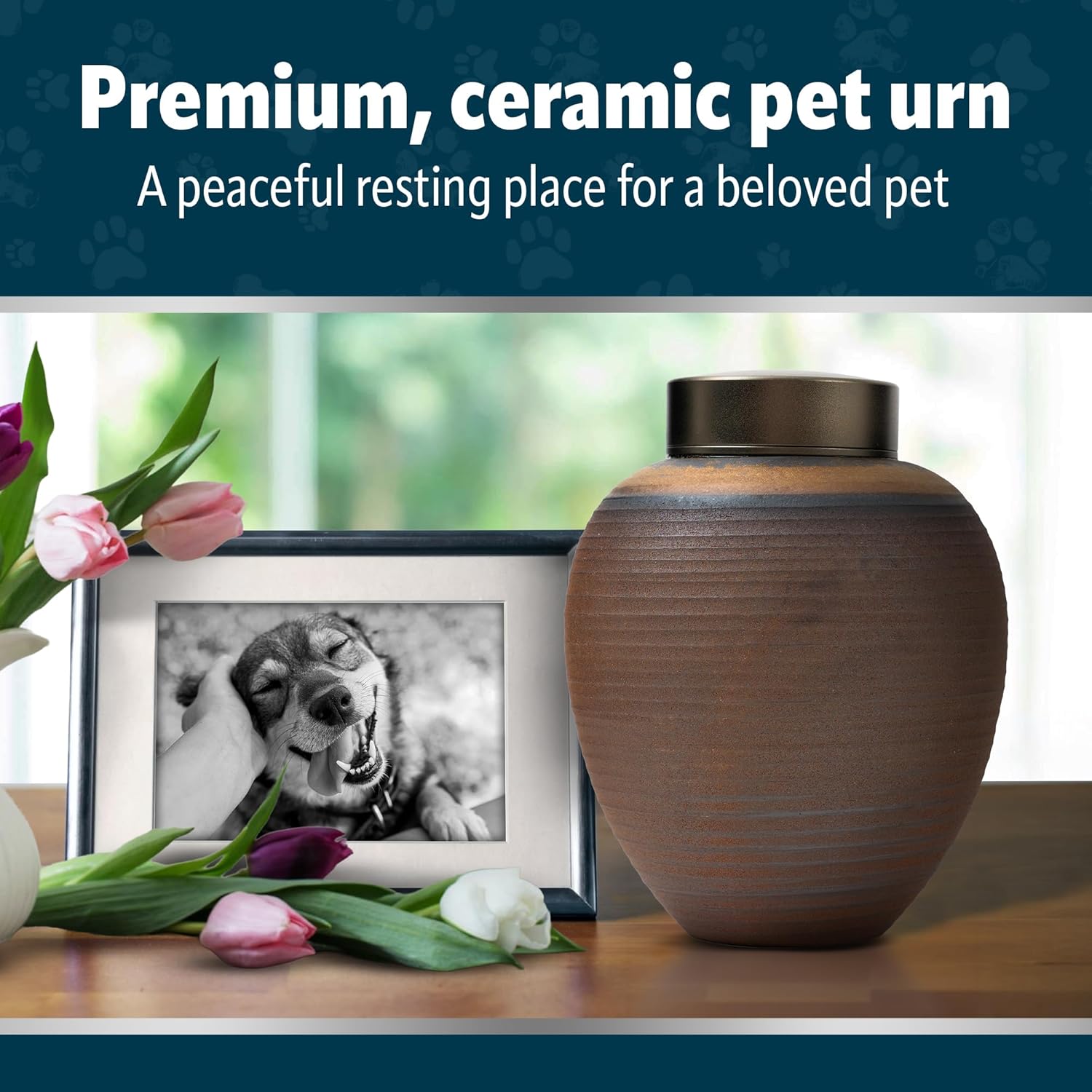Ceramic Pet Urn for Ashes of Dogs, Cats | Small & Medium Sized Pets up to 50lbs | Beautiful Memorial Urn with Airtight Lid | Keepsake Box for Collar, Toy | Cremation Urn Sympathy Gift