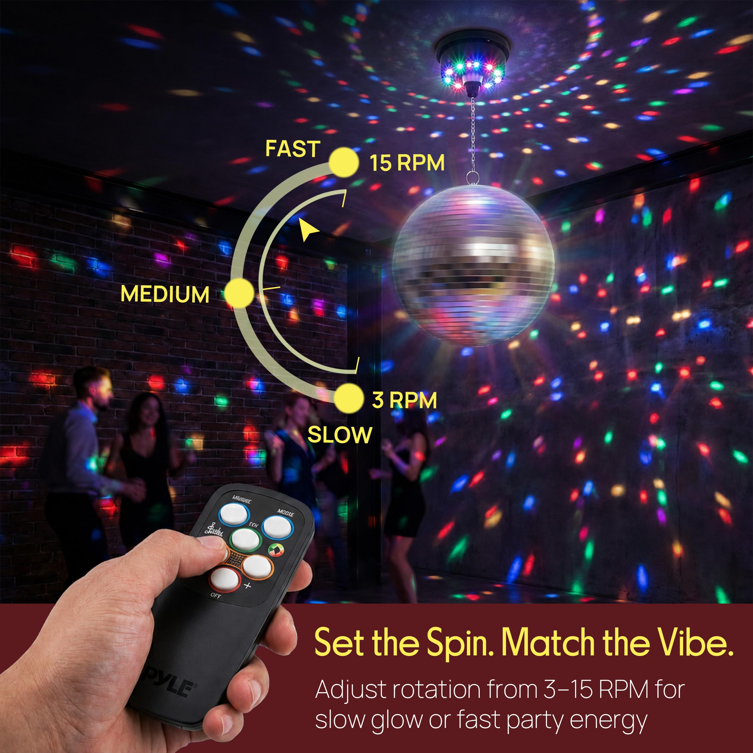 Bola de discoteca motorizada de 12 pulgadas con control remoto y luces RGBW