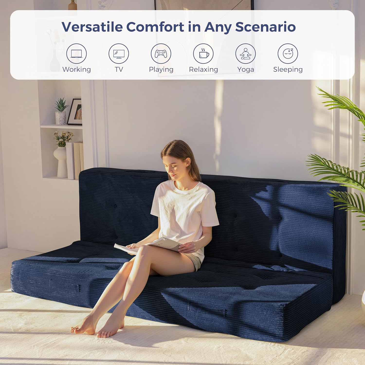 MAXYOYO 8" Foldable Floor Sofa Bed, Tufted Foldable Couch Bed Thick Folding Mattress with Handles, Versatile Folding Sofa Couch for Floor Sleeping, Living Room & Guest Room, Navy