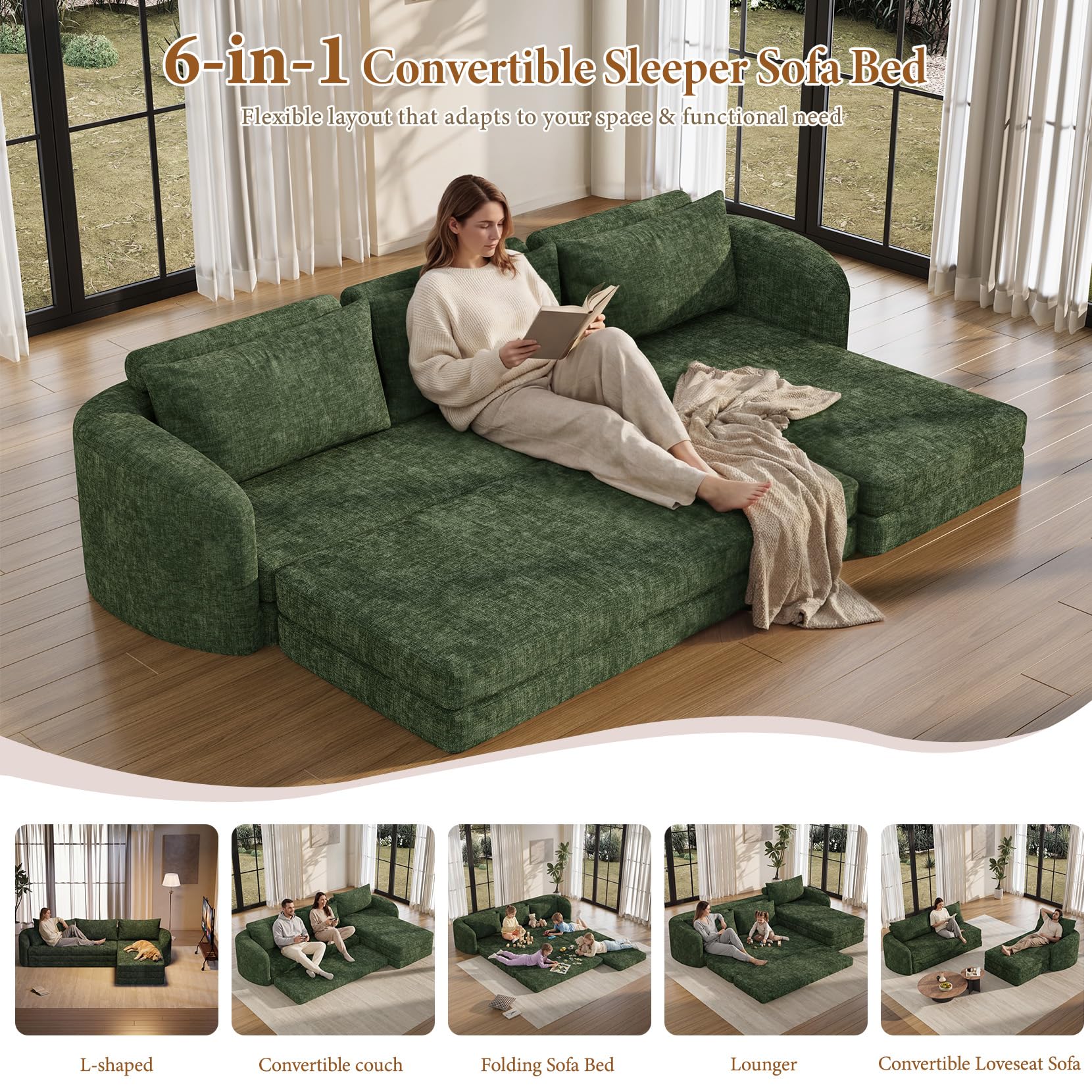 Vesgantti 6 in 1 Convertible Folding Sleeper Sofa Bed, No Assembly, Green | 110.2" L Shaped Modular Sectional Sofa, Curved Armrest, Deep Seat Boneless Couches for Living Room, Chenille, Right Facing