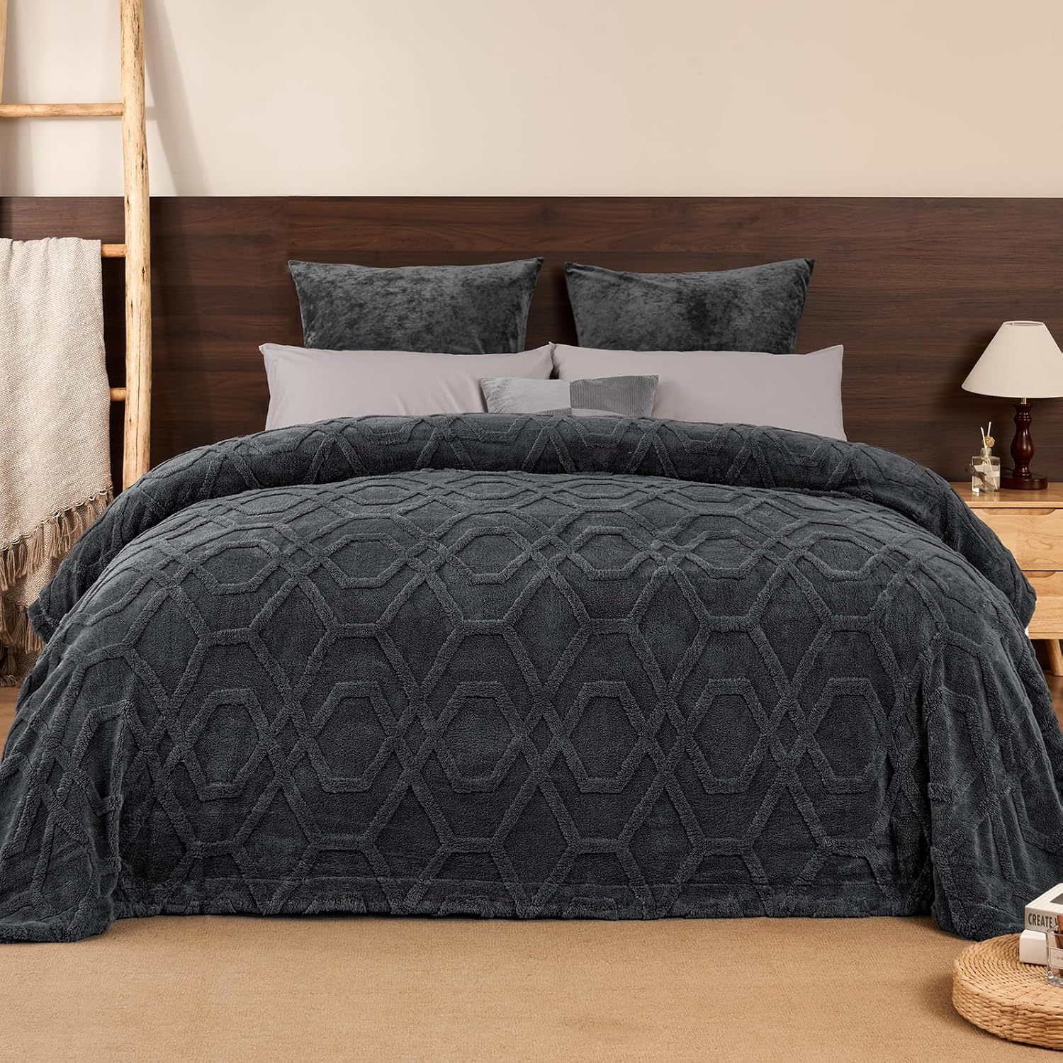 PHF Fluffy Sherpa Fleece Blanket Queen Size for Winter, Warm and Cozy, 510GSM 3D Tufted Shaggy Fleece Blanket for Sofa Bed, Dark Grey, 90"x90"