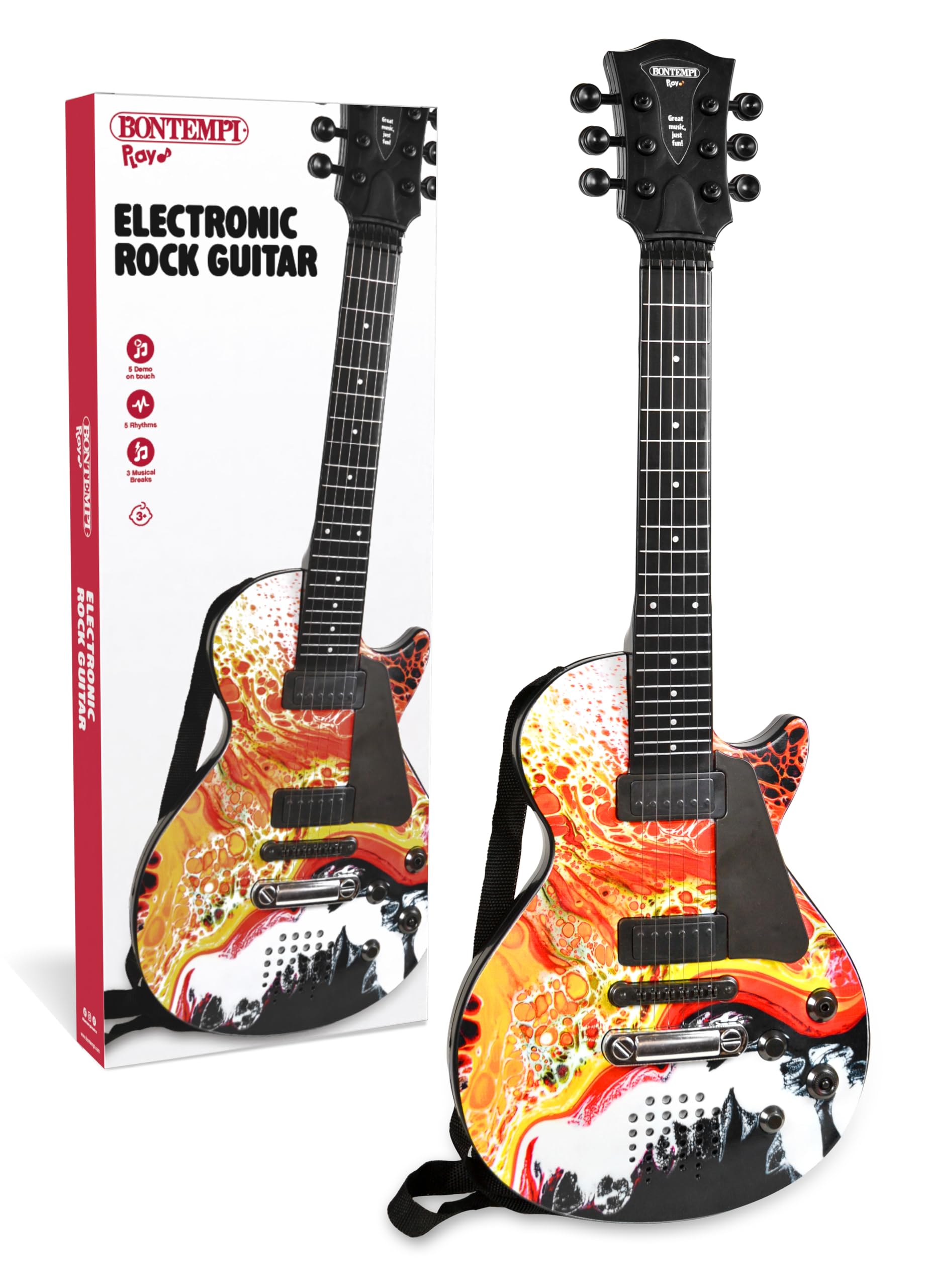 BONTEMPI - Chitarra Rock Elettronica con 6 Corde di Metallo 5 Demo Rock 3 Stacchi Musicali 5 Ritmi Spegnimento Automatico Cinghia Tracolla Presa Microfono 560mm