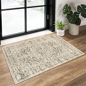 KUTA Vintage Small Area Rug 2x3 Beige Brown Washable Entryway Rugs Non-Slip Ultra Soft Printed Medallion Distressed Floral Small Accent Carpet Farmhouse Throw Doormat for Entrance