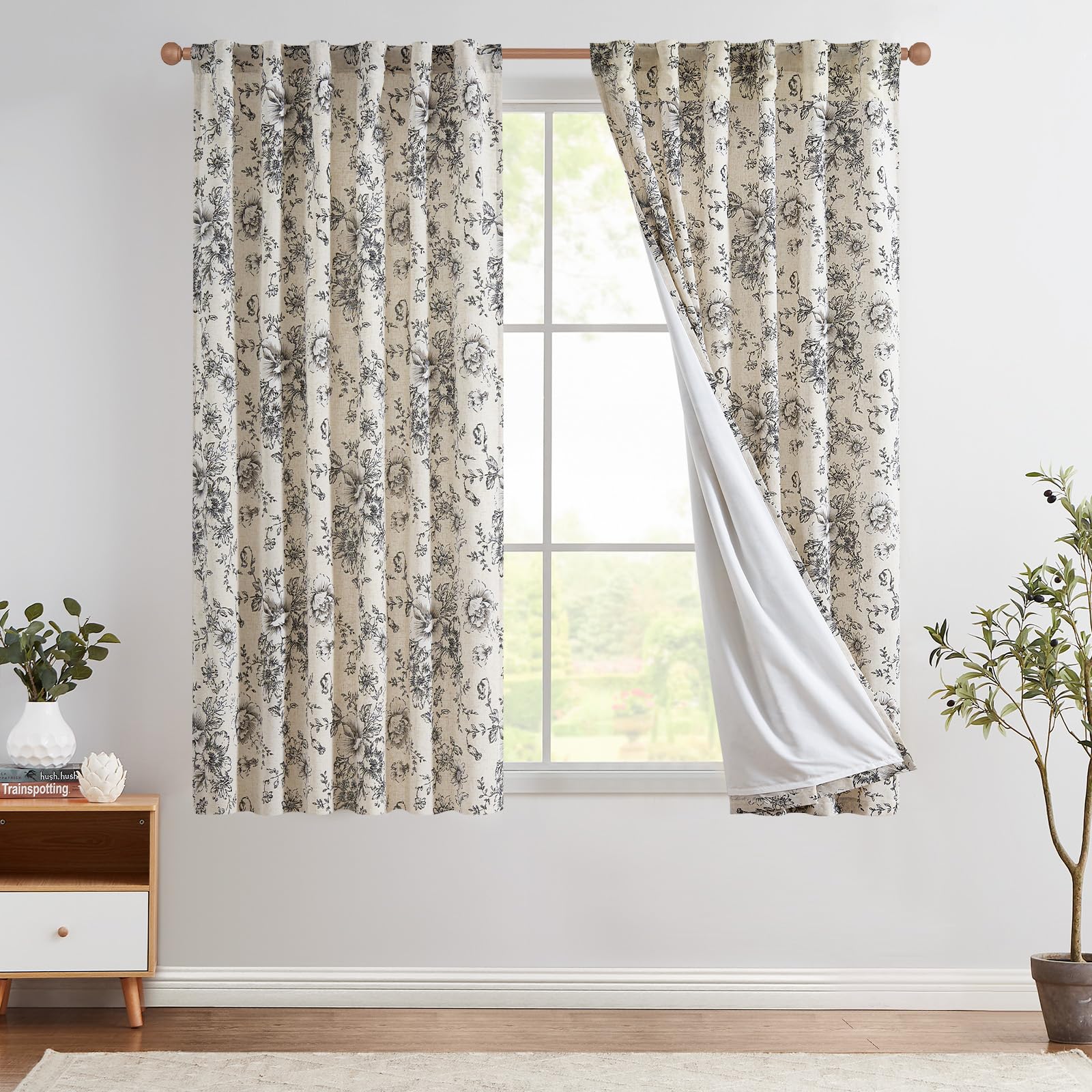 jinchan Lined Linen Curtains Floral Curtains for Living Room 63 Inch Length Black Peony Flower Printed Curtains Rod Pocket Back Tab Farmhouse Patterned Drapes Bedroom Window Curtains Set 2 Panels