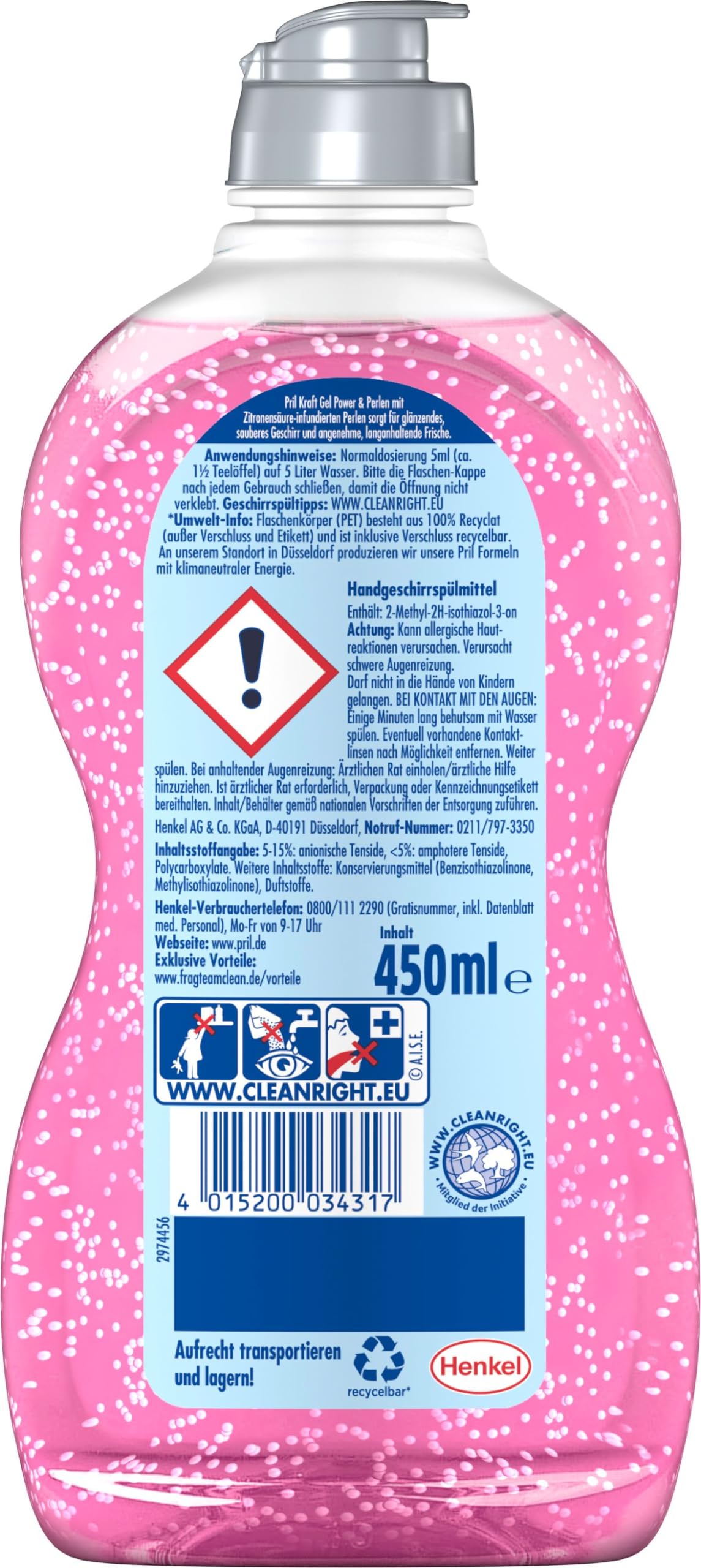 PRIL Kraft Gel Power & Perlen (14x 450 ml), Handgeschirrspülmittel mit hoher Fettlösekraft, für sauberes Geschirr mit brillantem Glanz und Frische-Boost