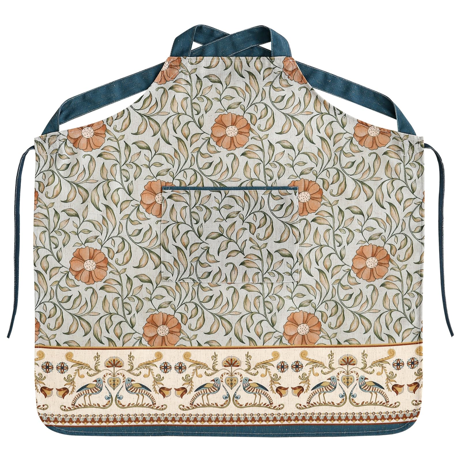 patdrea Blue Floral Linen Apron with Pocket,French Kitchen Garden Chef BBQ Aprons for Women and Men,Crisscross Back Straps