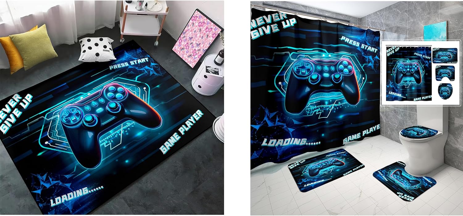 Gaming Rugs for Boys, 2'x3' & 4 Pcs Gaming Shower Curtain Set for Bathroom