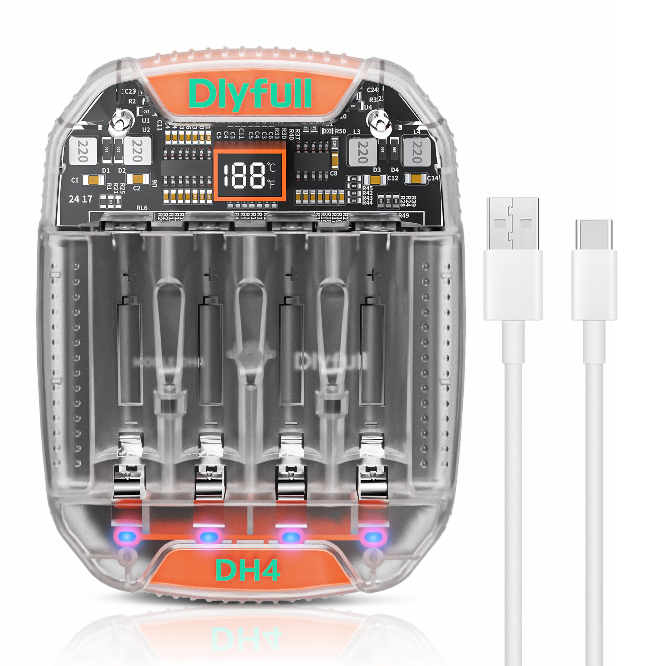 Dlyfull 単3 単4 充電池 充電器、 500mAh大電流*4 単三 単4 充電器 、1.2V 単3 単4 ニッケル水素電池&1.5V 単三 単4 リチウムイオン充電池に対応、USB-C入力 同時充電 透明ボディー 単3 電池充電