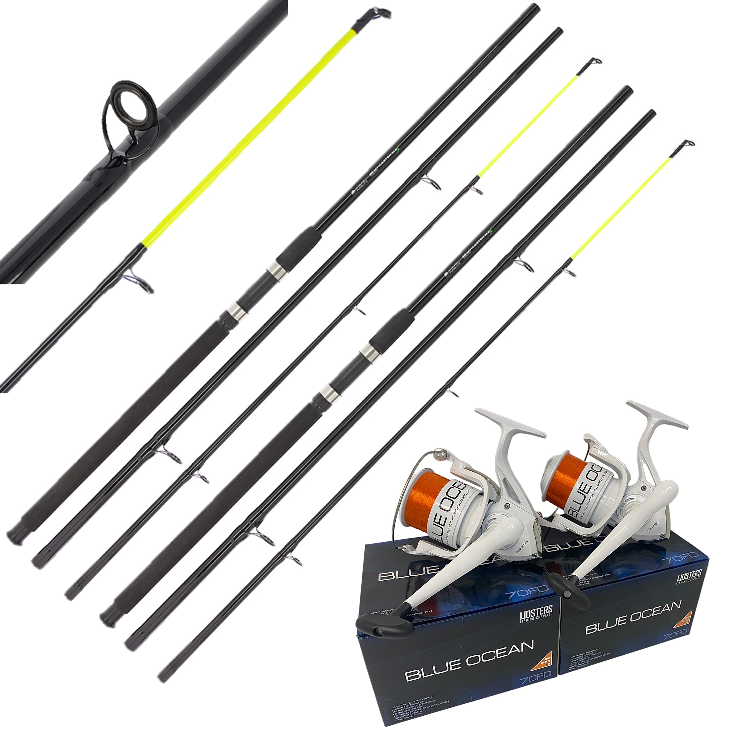 2 AP Beachcaster Sea Fishing Rod 12ft 3pc Lidster Blue Ocean 70 Reel Orange Line