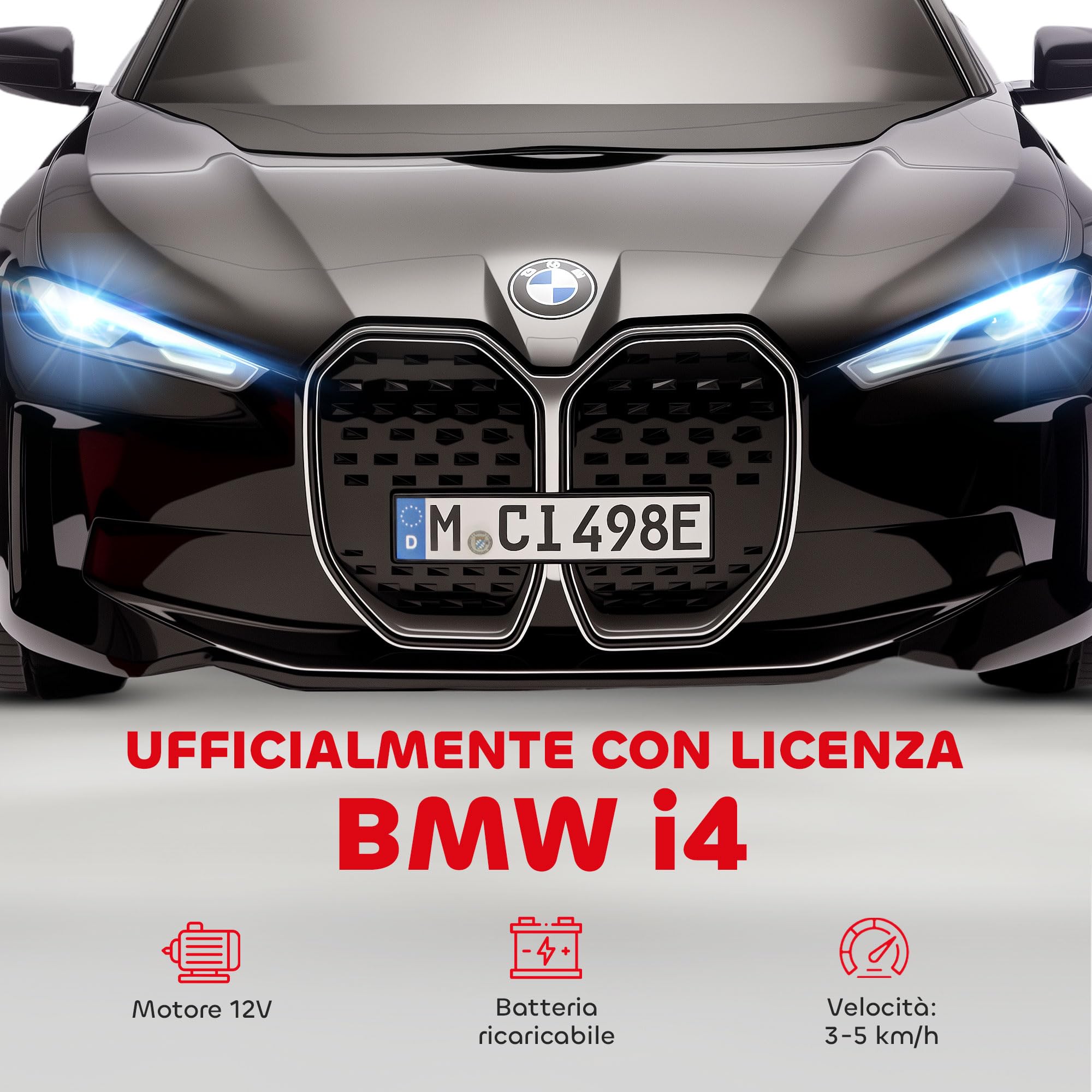 HOMCOM Macchina Elettrica per Bambini 3-6 Anni BMW I4 12V, Nero | Telecomando, Clacson e Fari, Macchinina Giocattolo, PP e Metallo, 115x67x45 cm