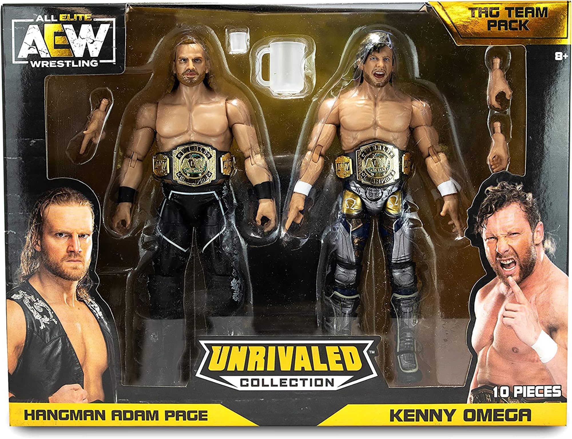 AEW AEW0146 Unrivaled Collection Tag Team Pack-Kenny Omega and Hangman Adam Page Action Figures, Plus Accessories, Multi