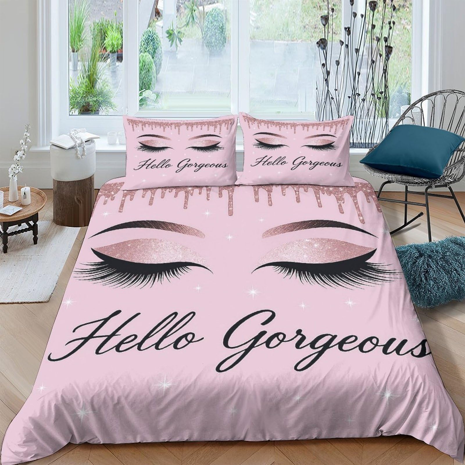Ctjqhvkz Style-7 3D Printed Pink Eyelash Fitted Sheet Microfiber Soft Hello Gorgeous Bed Cover For Bedroom Dorm Mattress Protector Decor Single（135X200cm）