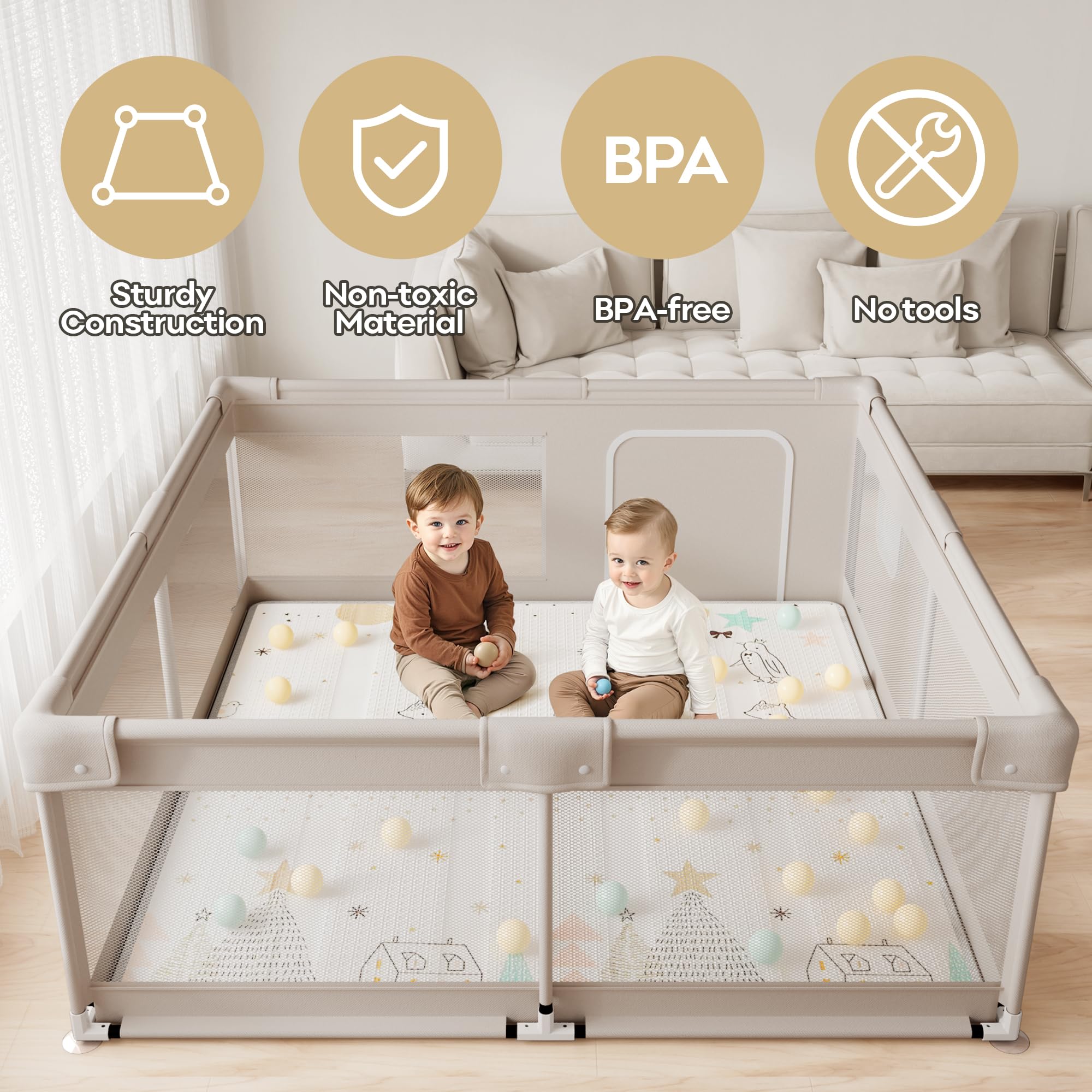 150×150×68cm Parc Bebe avec Tapis, Parc Enfant, Parc Bébé en Tissu Oxford, Parc pour Bebe xxl avec Barrières, Parc De Jeux Bébé avec Filet Respirant Sur Quatre Côtés et Ventouses
