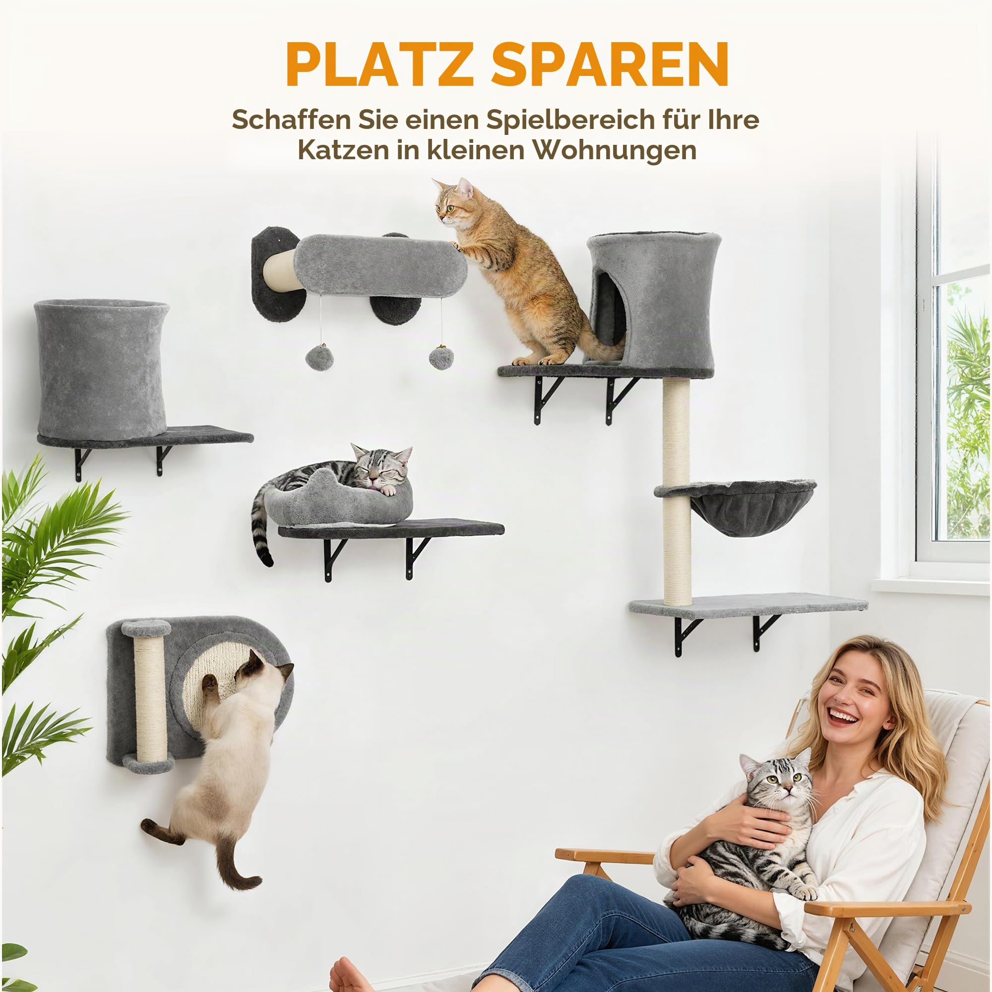 PawHut 5-teilige Wand-Katzenregale mit 2 Nischen, bis 5 kg, Grau
