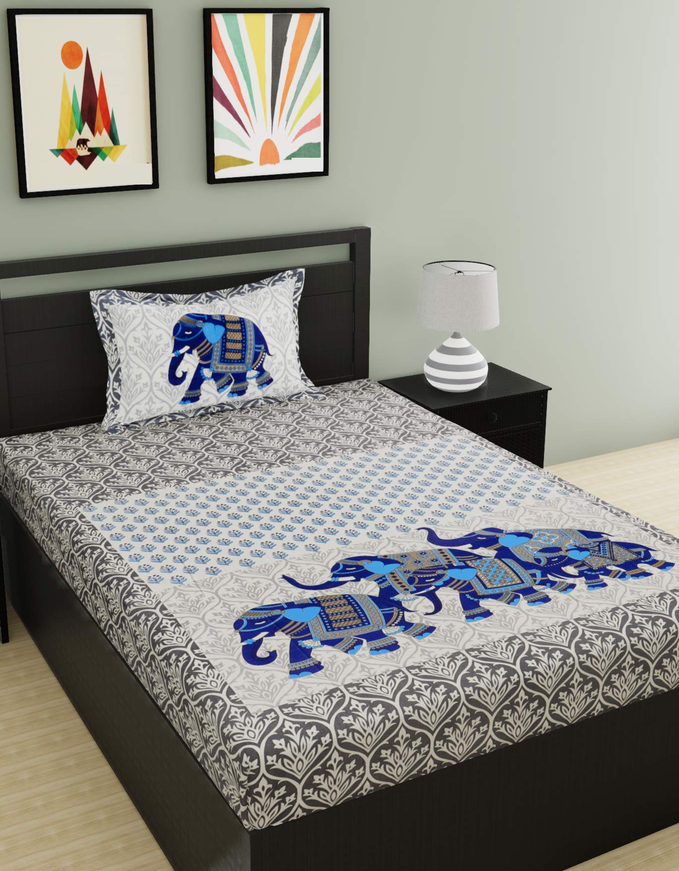 Urban Magic 104 TC Cotton Rajasthani Jaipuri Printed Flat Sheets Home Décor and Bedding Single Size Bedsheet with 1 Pillow Cover (Blue,Pack of 1)