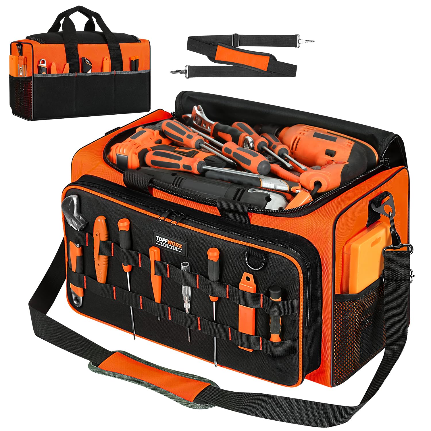 TUFFWORX Tool Tote Bag, 15-Pocket Storage Organizer, Heavy-Duty handvat, oranje en zwart