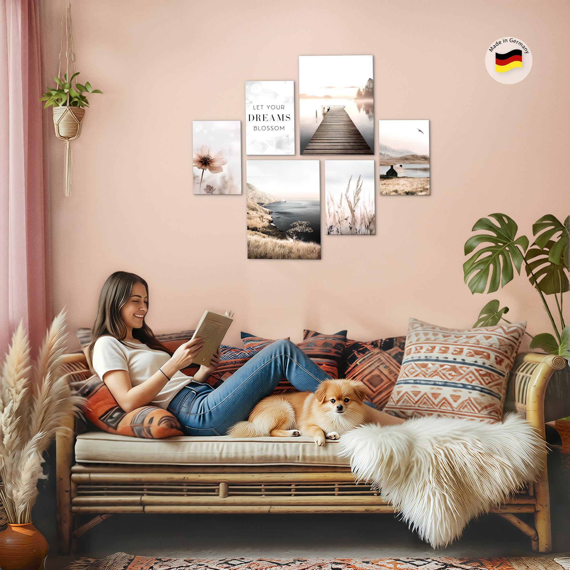 Novart Wandbilder Set Natur See Boho Beige - KEIN EXTRA RAHMEN BENÖTIGT - Modern Deko - Wohnzimmer Schlafzimmer Flur N029263a