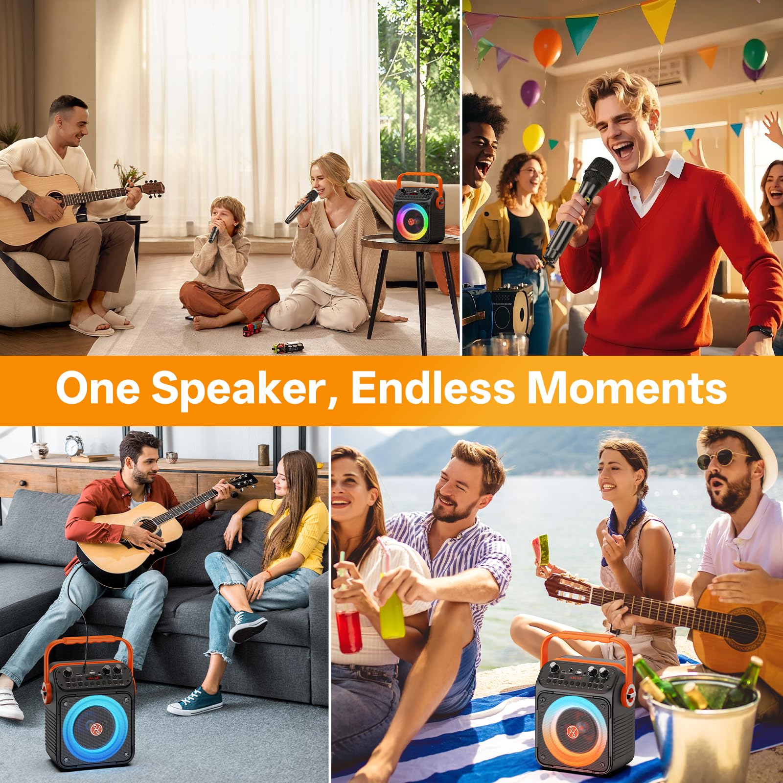 HWWR Karaoke Maschine mit 2 Mikrofonen, Bluetooth 5.3 Lautsprecher mit LED-Lichteffekten und Echo-Regelung, tragbare Karaoke Box mit USB/AUX/TF/FM, für Kinder und Erwachsene