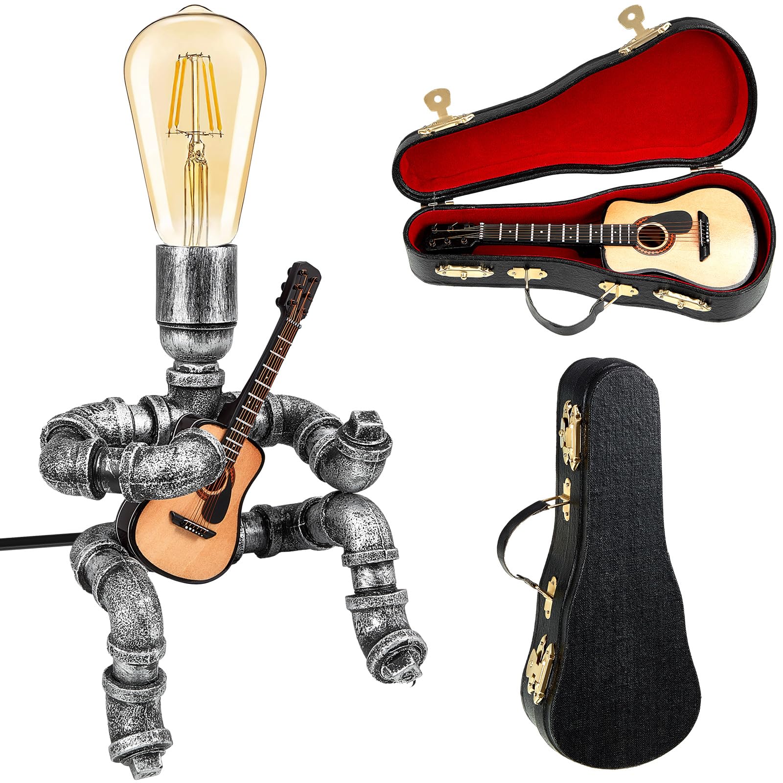 VIHOSE Metal Pipe Table Lamp, Creative Robot Style Desk Lamp, Vintage Industrial Water Pipe Light for Men Bedside Table Nightstand Bar Restaurant Café(Guitar Style,Silver Black)