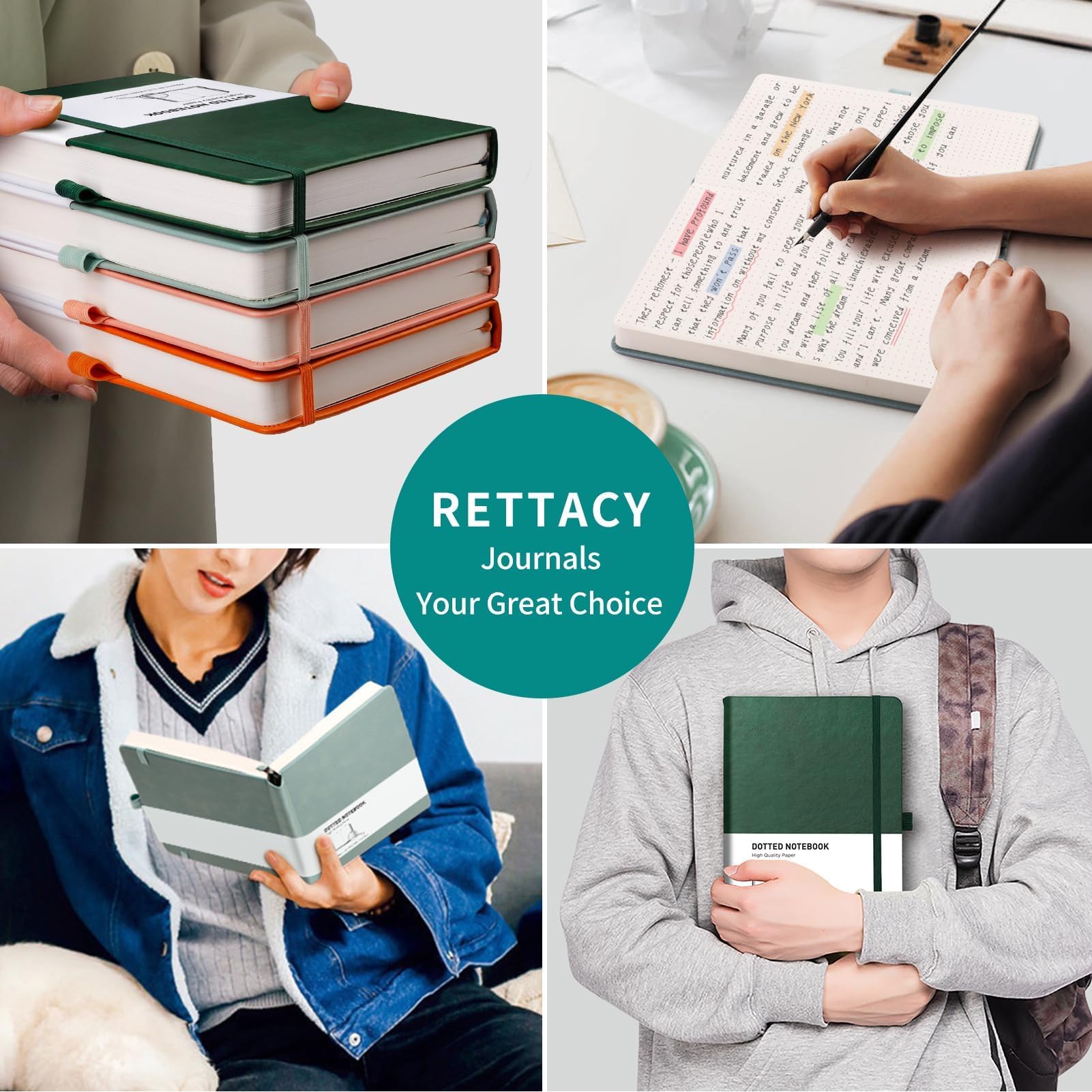 RETTACY Notatnik w kropki A5, 2 sztuki w zestawie, z 320 numerowanymi stronami, twarda okładka 120 g/m², 8 perforowanych arkuszy, kieszeń wewnętrzna, fioletowy
