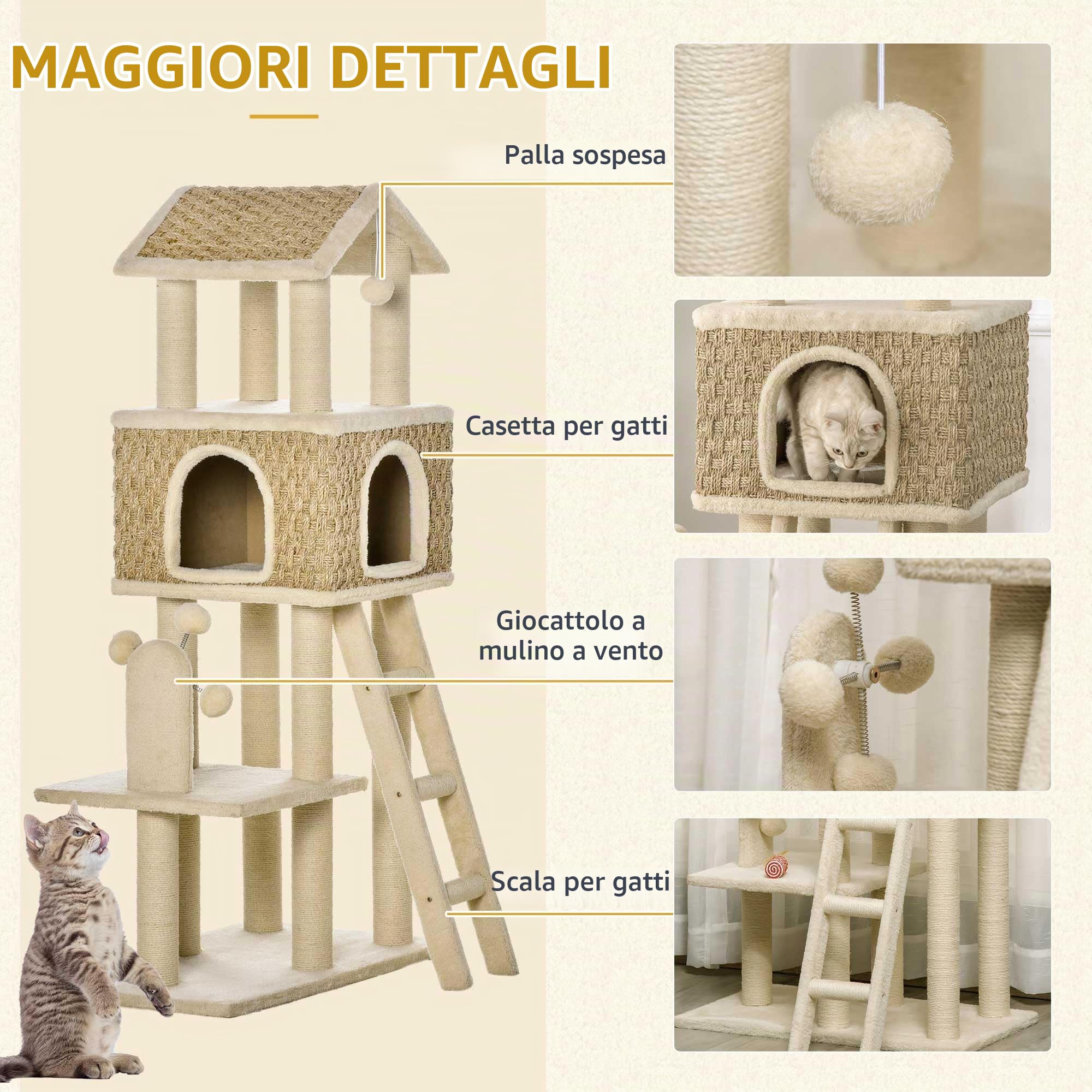 PawHut albero tiragraffi per gatti 130H cm albero da arrampicata con grotta per gatti palline gioco tronchi di iuta grande piattaforma in truciolato peluche kaki+beige