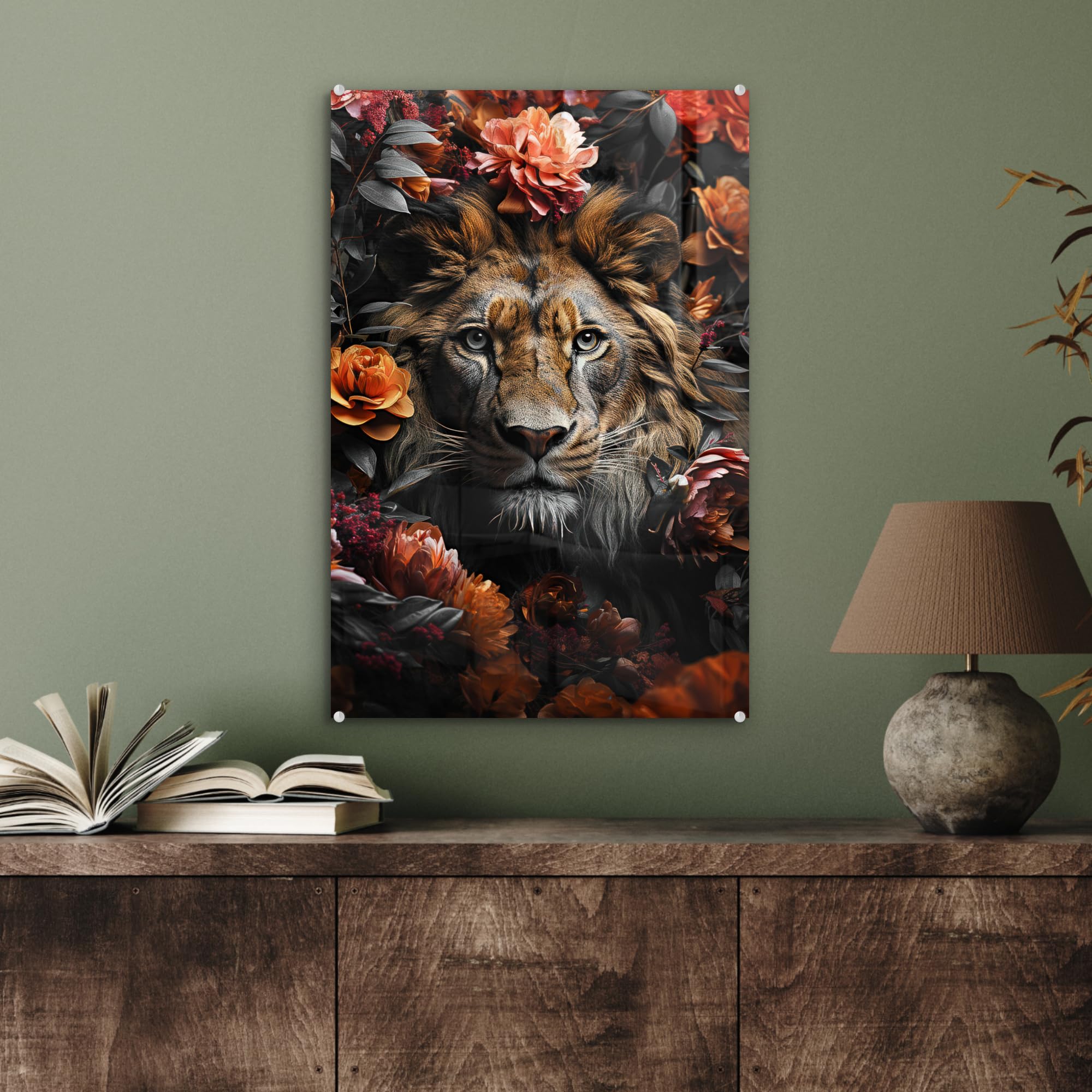 MuchoWow© Quadri Moderni Soggiorno 40x60 cm Poster Da Parete Decorazione Muro Salotto Immagine Grande Foto Con Cornice Stampe Su Vetro Camera Letto Leone - Animale - Natura - Fiori - Botanico